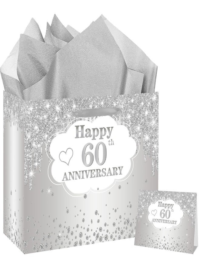 RTMISA 60th Anniversary Themed Gift Bag with Tissue Paper and Greeting Card Silver Wedding Anniversary Paper Gifts Wrapping Bag for Wife Husband Couple, Happy 60 Years Party Decorations Supplies - Image 1